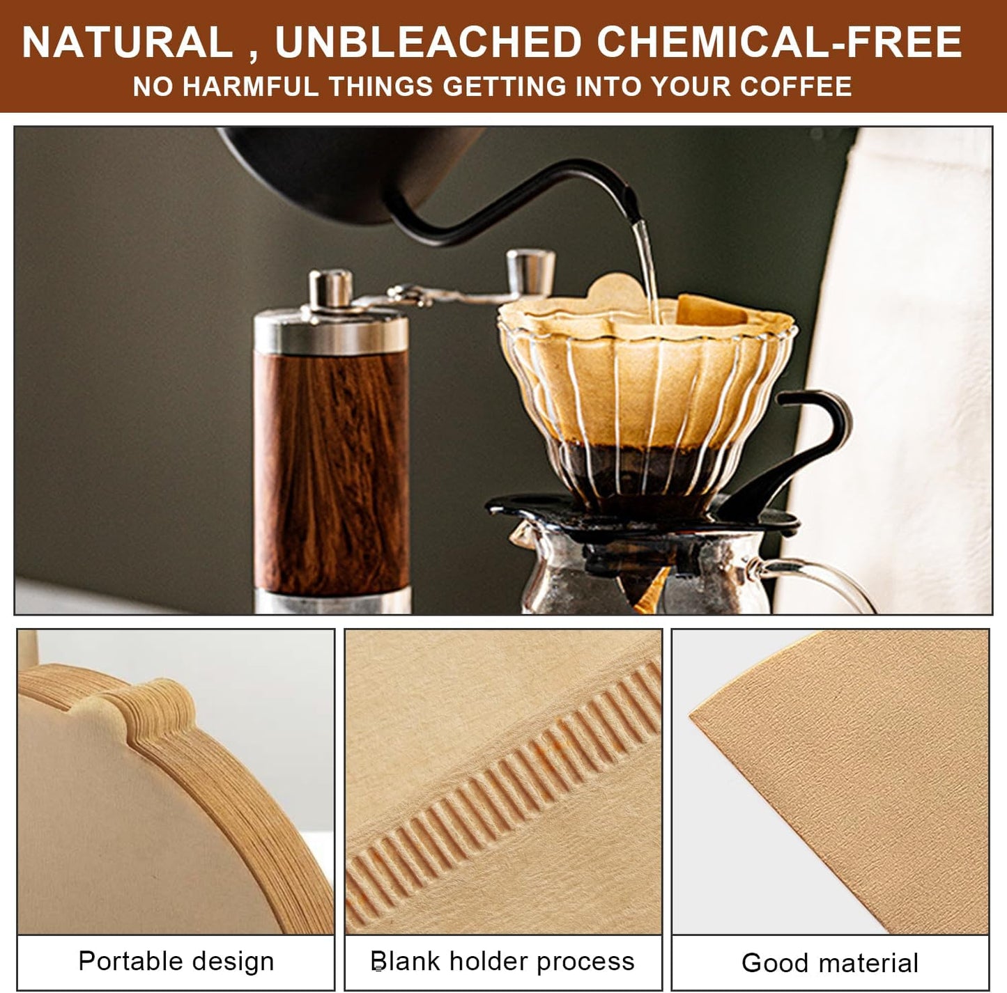 Gute 200Pcs Cone Coffee Filters, 2-4 Cups Unbleached Brown V02 Disposable Coffee Filter Paper, V-Shaped Pour Over Coffee Dripper and Drip Coffee Maker, Size 02