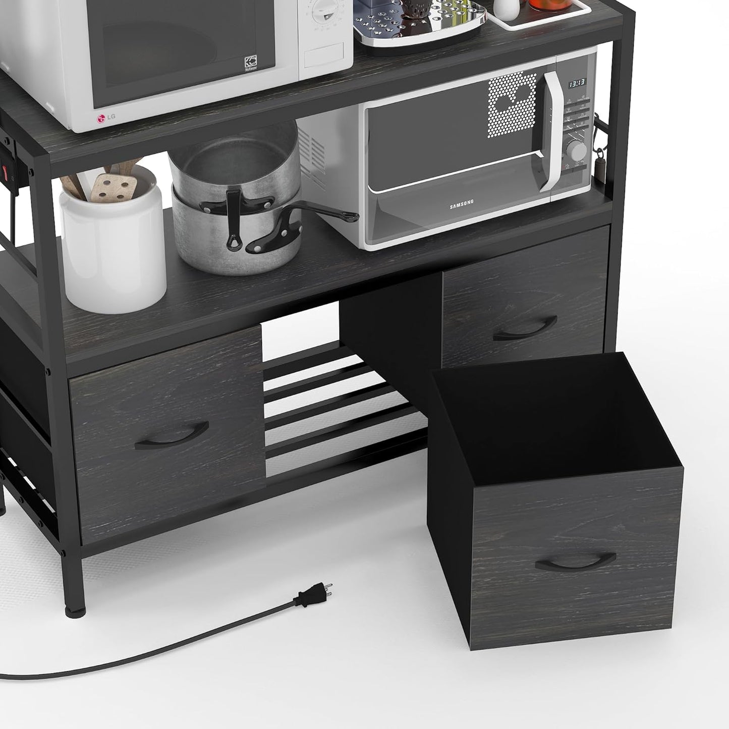 Bakers Rack with Power Outlet,5-Tier Free Standing Kitchen Storage Shelf Bakers Rack with Baskets,Industrial Microwave Oven Stand,Metal Kitchen Rack Organizer with Hooks(Black)