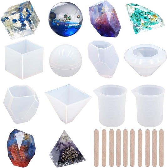 EuTengHao 18Pcs DIY Silicone Resin Casting Molds Tools Set Includes 6 Resin Casting Molds Large Clear Silicone Molds 2 Measurement Cup 10 Wood Sticks for DIY Home Decoration