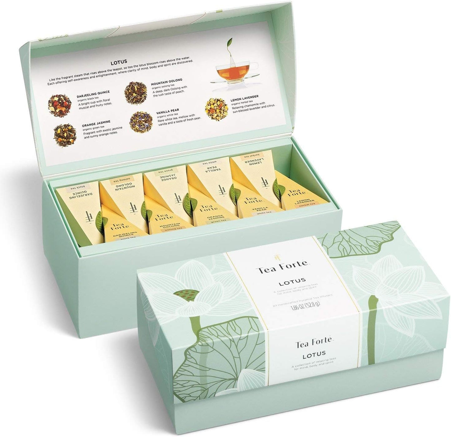 Tea Forte Lotus Presentation Box Tea Gift Set Sampler, 20 Assorted Variety Handcrafted Pyramid Infuser Bags, Black, Green, Oolong, White, Herbal Blends