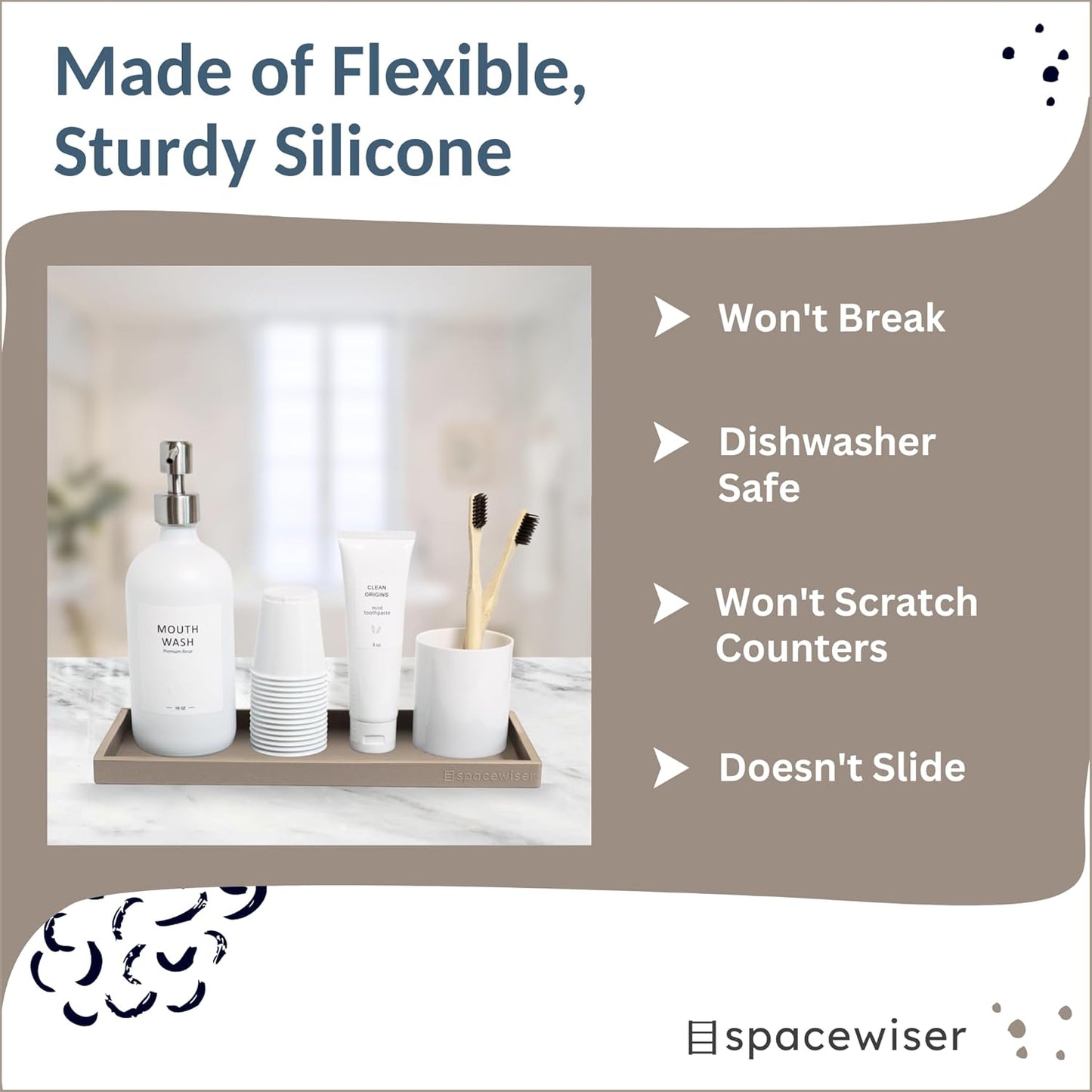 Countertop and Vanity Tray - 11.7" Silicone Bathroom Tray, Flexible Dish Soap Holder for Kitchen, Bathroom Counter Organizer, Shower Toilet Tank Trays Décor Accessories, Sink Makeup Mat Oil