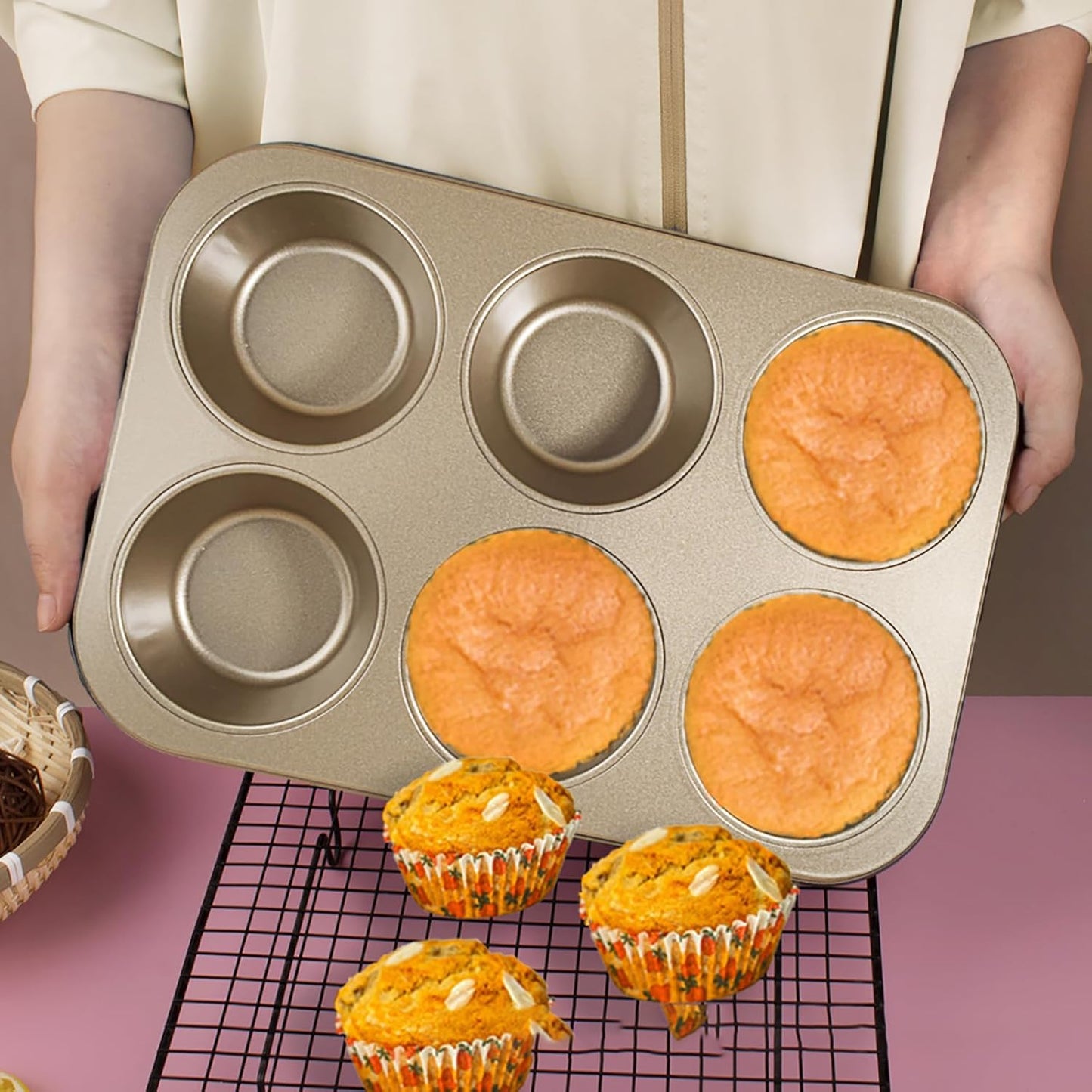 2 Packs Nonstick Round Muffin Baking Pan Tin, 6-Cup Muffin Tin, Cupcake Pans, Cheesecake Pans, Carbon Steel, Gold