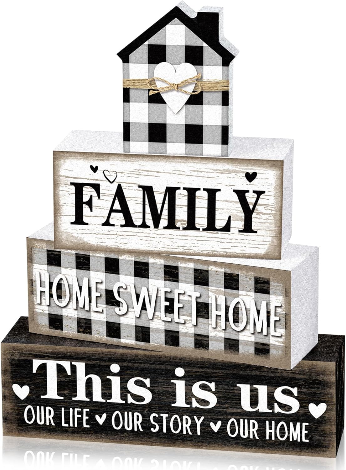 Farmhouse Wooden Tabletop Decor Rustic Home Sweet Home Table Centerpieces This Is Us Block Sign Black and White Buffalo Plaid Table Decor for Kitchen Shelf Desk Mantel Tiered Tray Decoration