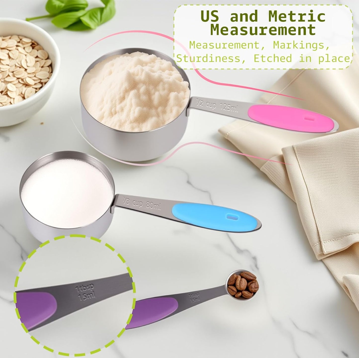 Inmorven 10pcs Measuring Cups and Spoons Set, Nesting Kitchen Stainless Steel Measuring Set for Baking Cooking Dry Liquid Ingredients Upgraded Thickness Handle