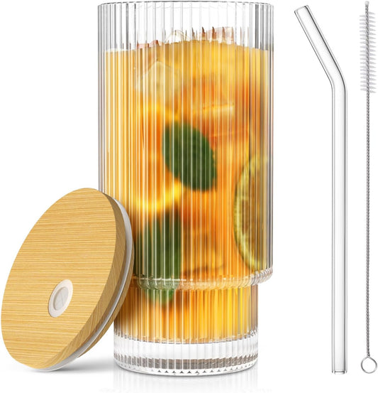 16 OZ Glass Cup with Lid and Straw, Vintage Ribbed Glassware for Whiskey Cocktail Beer, Iced Coffee Cups with Lid, Glass Tumbler with Straw and Lid (1 PACK)