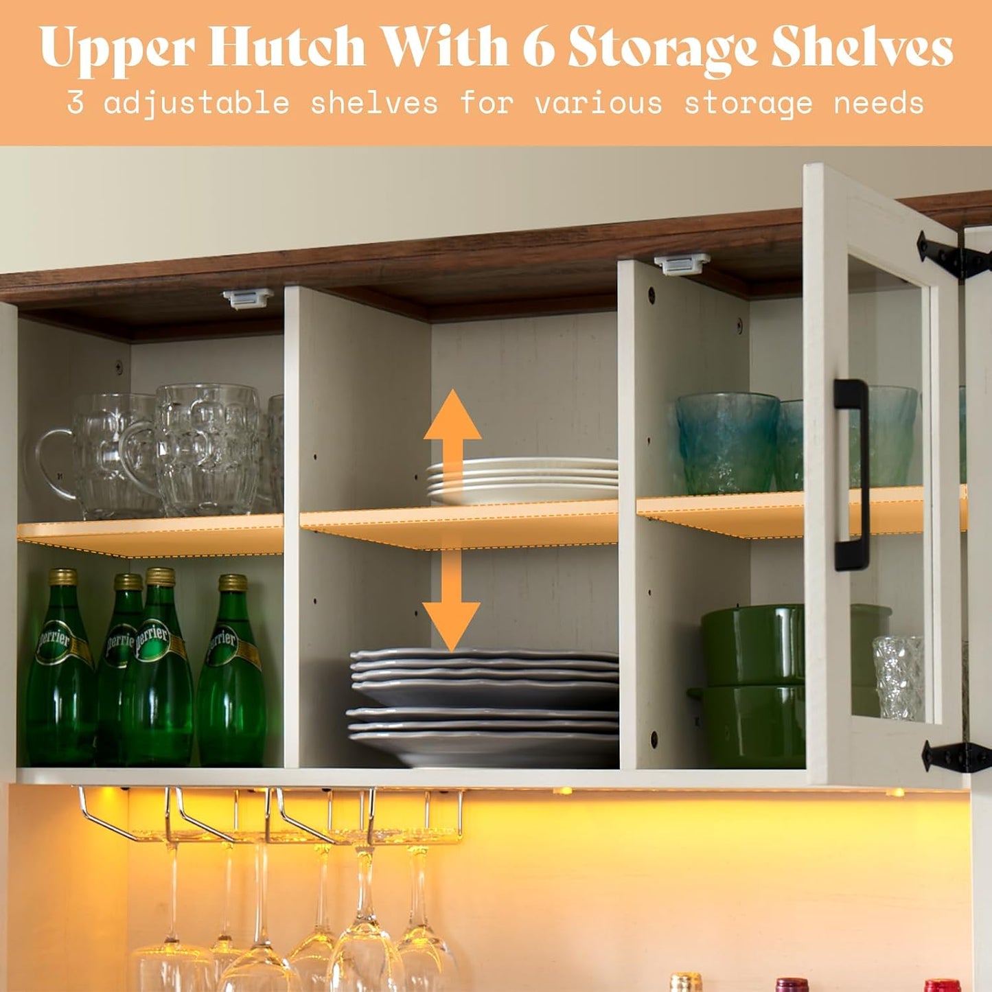 AMERLIFE 72" Coffee Wine Bar Cabinet with Sliding Barn Door, Farmhouse Kitchen Sideboard, Buffet Storage Table, 3 Drawers, LED Lights, Tall Hutch Home Bar for Dining Room, White