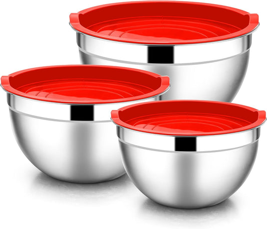 E-far Mixing Bowls with Lids, 6-Piece Stainless Steel Salad Bowls Metal Nesting Bowls for Baking Cooking and Prepping, Airtight Lids & Stackable Design, Size 4.5, 3, 1.5 QT (Red)