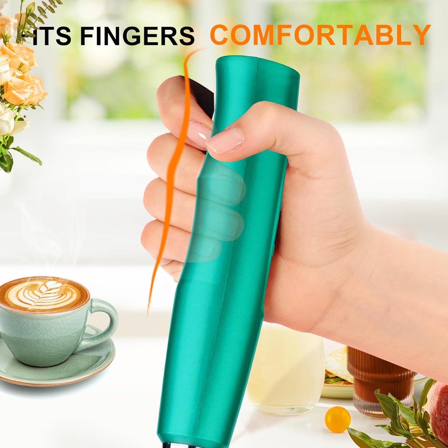 YUSWKO Turquoise Handheld Milk Frother Wand for Coffee, Rechargeable Electric Whisk with 3 Heads 3 Speeds Drink Mixer Coffee Frother For Latte, Cappuccino, Hot Chocolate, Egg