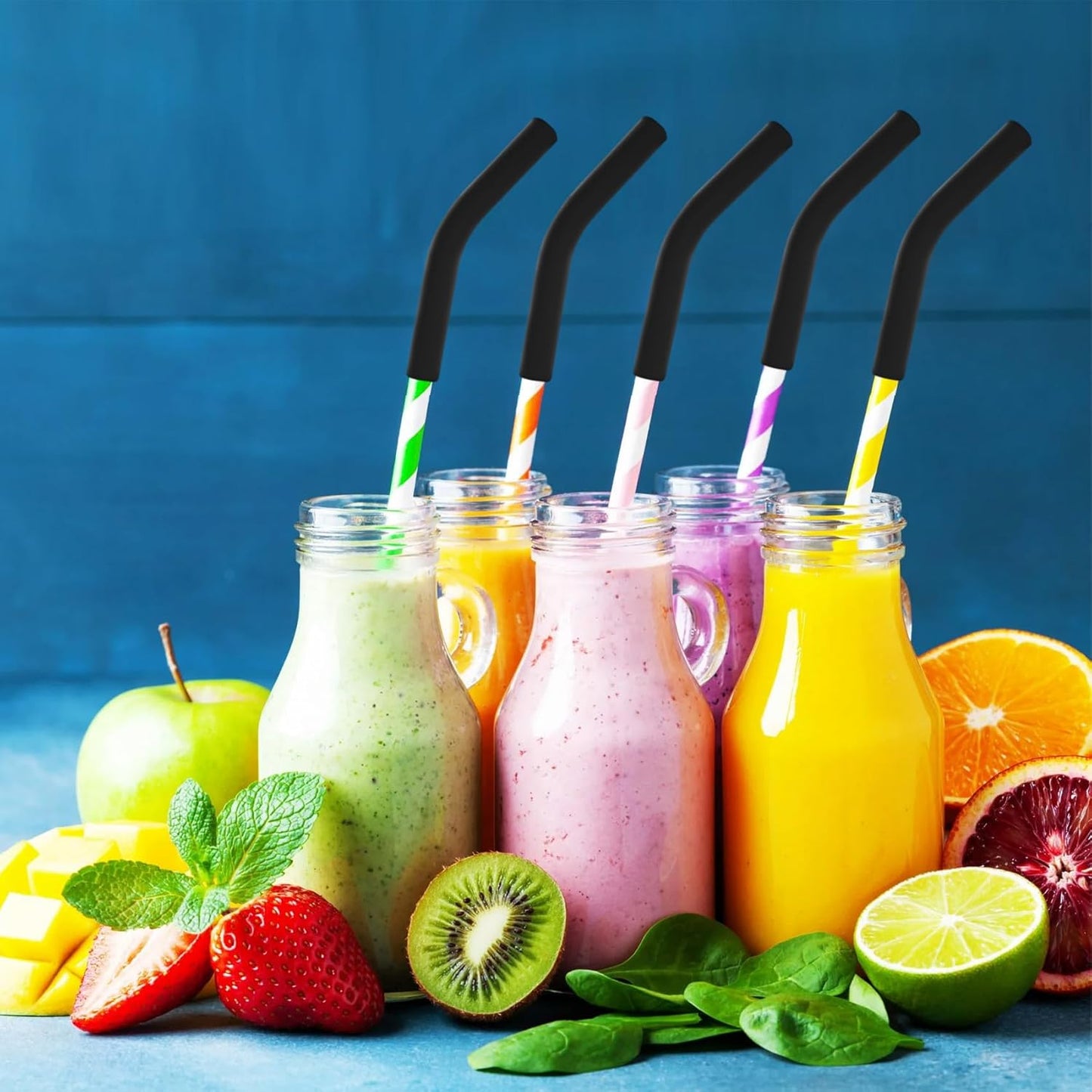 6pcs Food-Grade Silicone Metal Straw Tips, Reusable Flex Elbow Straws Cover Replacement Tips, Soft Straw Toppers Kits for 8 mm Stainless Steel Metal Straws - Black