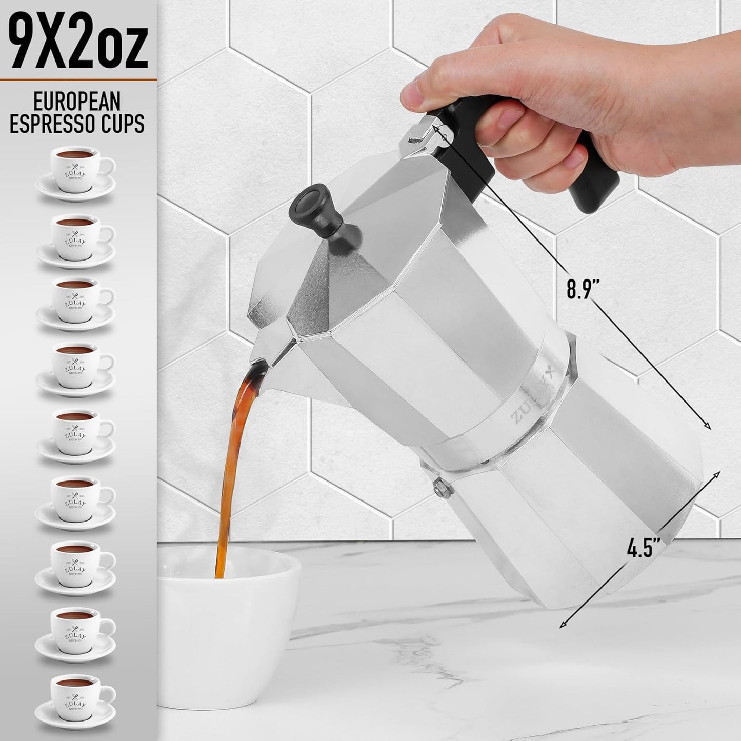 Zulay Moka Pot Espresso Stovetop Coffee Maker - Leak-Proof, Aluminum, Easy to Clean, Heat Resistant Handle & Knob - for Authentic Cuban & Italian Style Espresso - Makes 9 Espresso Cups - Silver