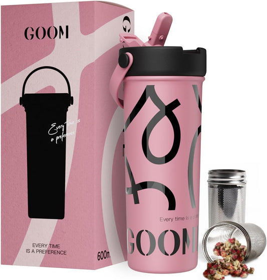 GOOM 20 oz Spill Proof Tumbler with Lid and Straw, Top Handle, Extended Tea Infuser, 6-Layer Insulation 18/10 Stainless Steel, Christmas Gifts for Mom Women Her, Teacher Gifts - Pink
