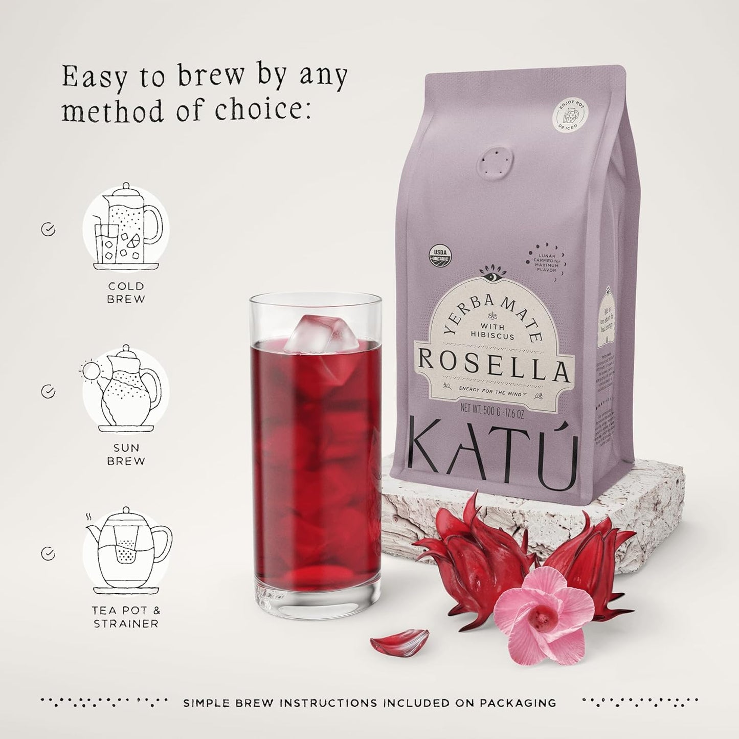 Katú Rosella Premium Organic Loose-Leaf Yerba Mate Tea with Hibiscus, Peppermint, and Stevia Leaves, Vibrant Floral Twist, Natural Energy, 17.6 oz (500g)