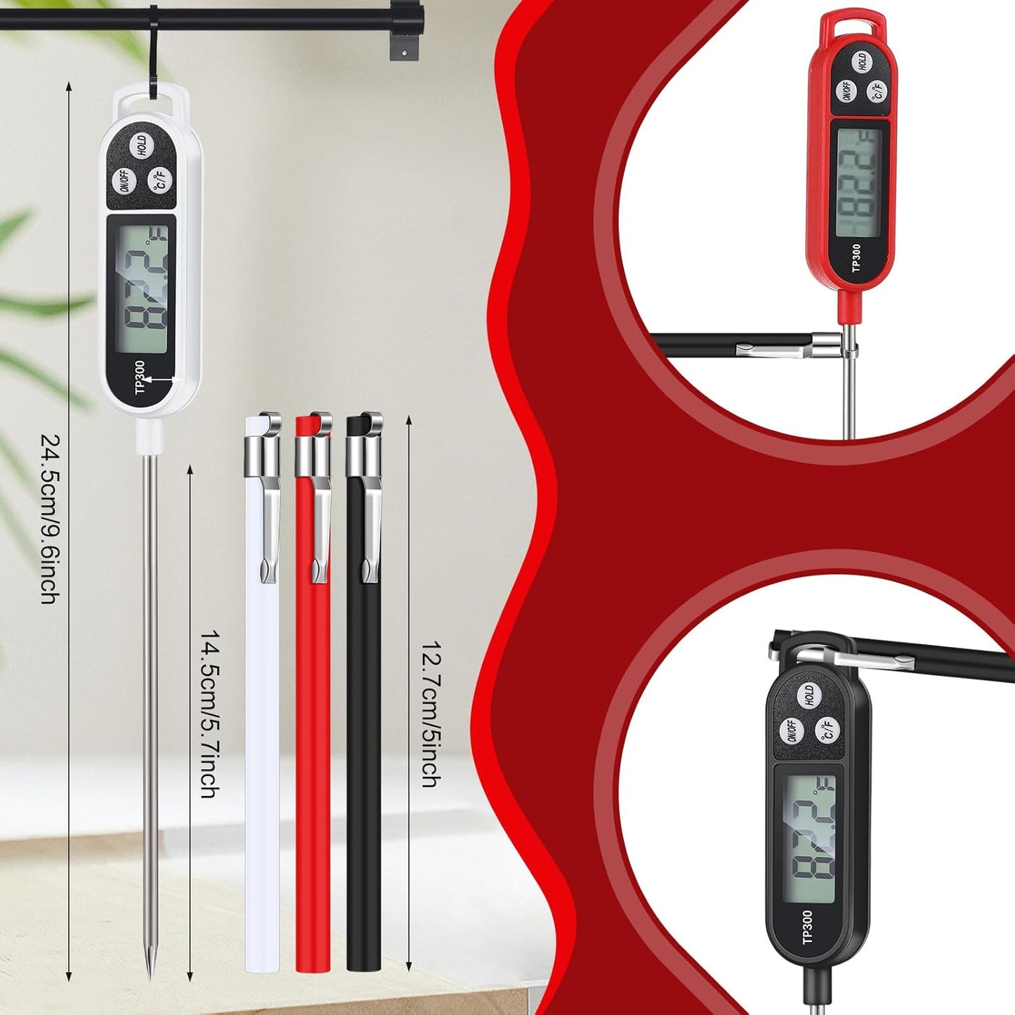 6 Pcs Meat Food Thermometer Food with Probe Water Liquid Instant Read Digital Thermometer Kitchen Cooking Supplies for Cooking BBQ Milk Yogurt (Black,White,Red)