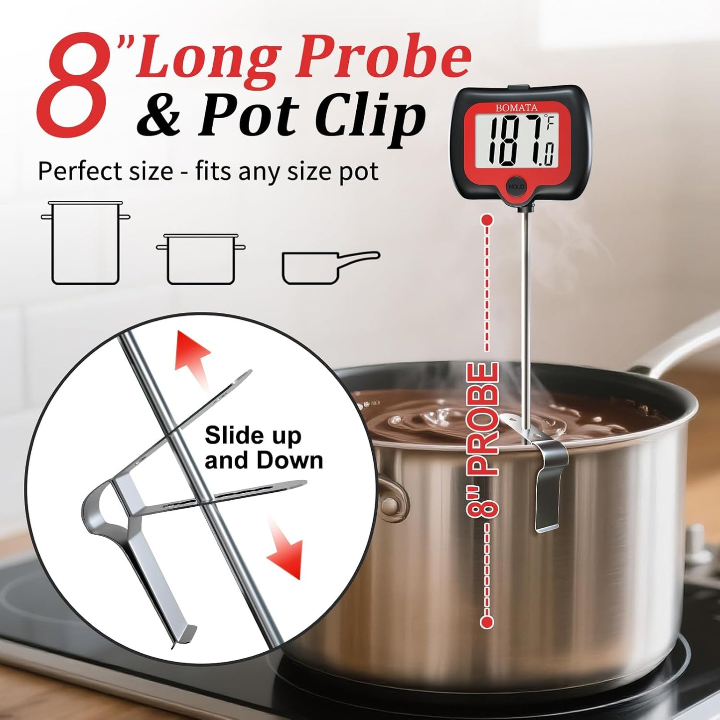 BOMATA Candy Thermometer with Pot Clip, Instant Read Cooking Thermometer with 8" Long Probe, Rotating Display, for Candy Making, Food, Candle Making, Liquids, Water, Baking, Sugar, Grilling. Black