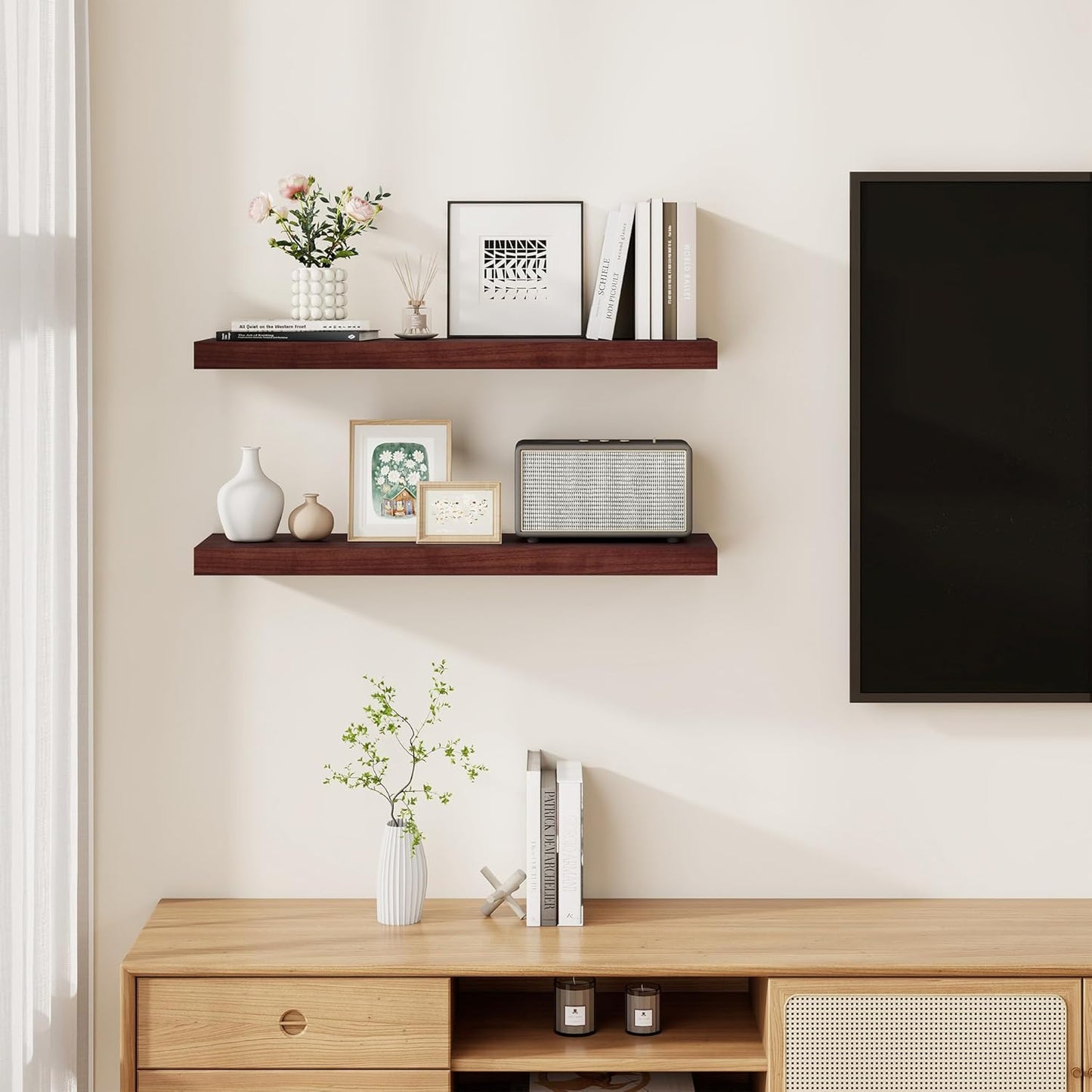 Fun Memories Rustic Floating Shelves for Home Decor, 8 Inch Deep Floating Shelf, Solid Wood Floating Wall Shelves 30 Inch Long, Deep Wall Shelves for Bathroom, Living Room, Walnut Finsh, Set of 2