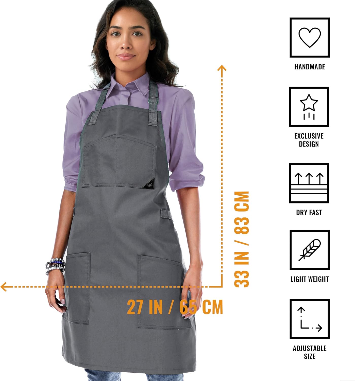 Under NY Sky Chef Apron – Professional Gray Twill – Cotton Straps - Smart Pockets - Adjustable for Men and Women – Pro Chef, Cook, Kitchen, Baker, Barista, Bartender, Server Aprons