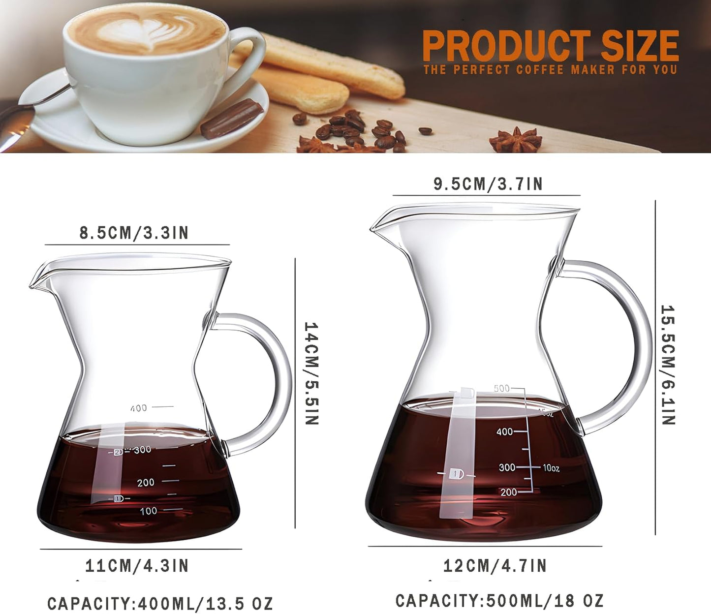 Pour Over Coffee Maker with Reusable Stainless Steel Drip Filter, Glass Drip Coffee Maker Set, Lead-Free Borosilicate Glass Coffee Carafe for 1-2Cup, Clear (400ml/13.5oz)