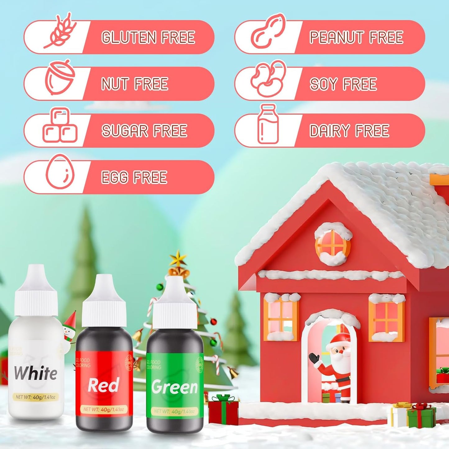 Gel Food Coloring for Cake Decorating - 3 Concentrated Assorted Food Color Edible Christmas Red Green White - Food Grade Dye for Easter Eggs Fondant Cookies Frosting Royal Icing Baking - 40g/Bottle