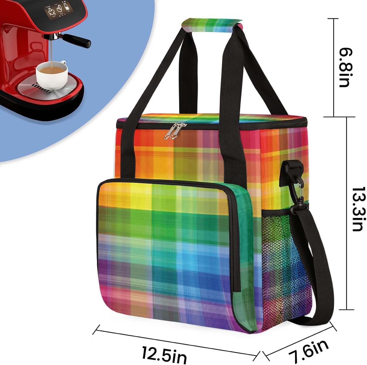 Colorful Rainbow Plaid Coffee Maker Carrying Bag, Coffee Machine Travel Storage Tote Bag Compatible with K-Mini or K-Mini Plus, Portable Single Serve Coffee Brewer Case with Pockets, for K-Cup Pods
