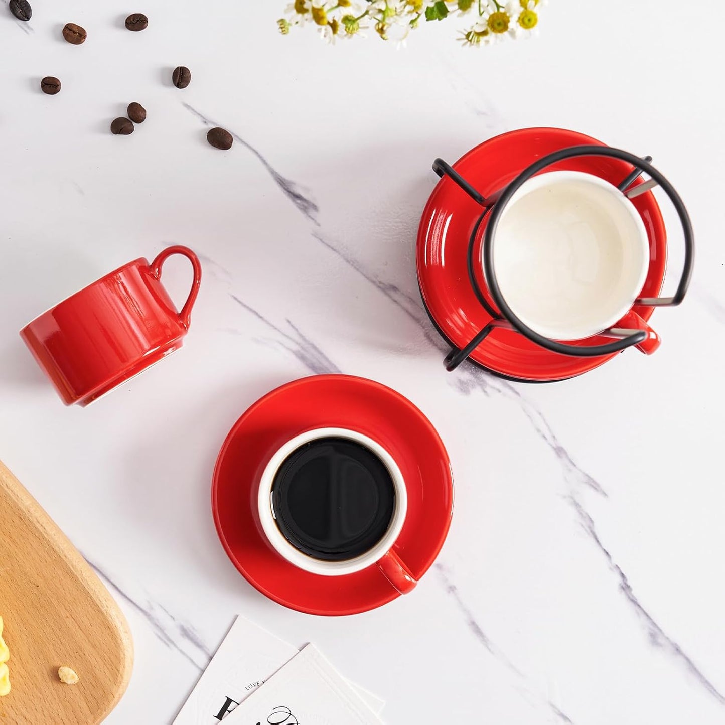 4oz Porcelain Stackable Espresso Cups with Saucers and Metal Stand Set of 4, Stackable Cappuccino Cups, Red Expresso Shots Cup Set for Coffee Drinks, Latte, Americano, Tea
