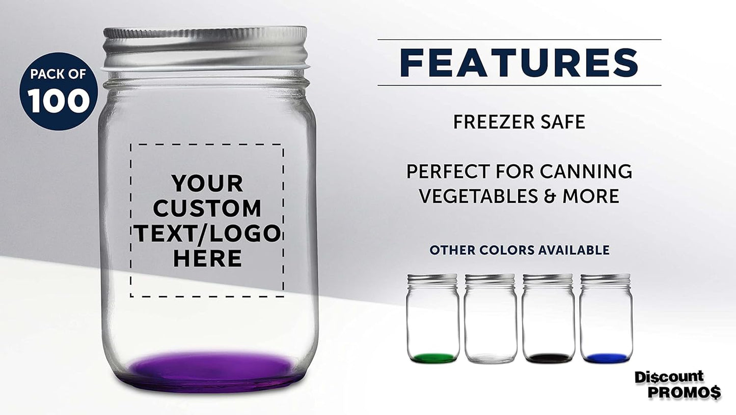 DISCOUNT PROMOS 100 Decorating Mason Jars Set, 12 oz. - Customizable Text, Logo - Canning, Aluminum Lid - Purple