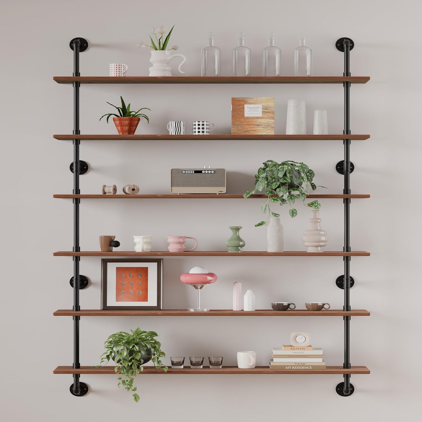 48 InchPipe Bookshelf Floating Shelves for Wall Shelves Bookshelf Industrial Pipe Shelving Shelves Real Wood Planks Rustic Hanging Shelves Farmhouse Kitchen Bar Shelving