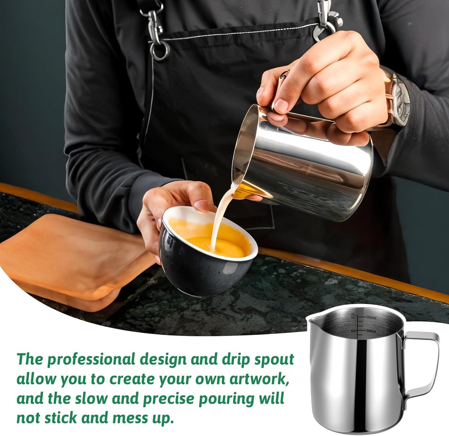 4 Pcs Milk Frothing Pitchers, 12 Oz 304 Stainless Steel Espresso Steaming Pitchers with Measuring Markers, Heat Resistant Rustproof Barista Pitcher Tools for Home, Coffee Shops (Silver)