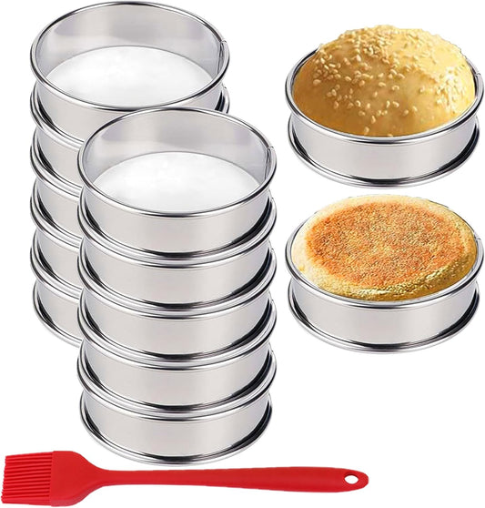 HLMOptimo English Muffin Rings, Stainless Steel Crumpet Rings, 12 Pcs Nonstick Metal Round Ring Molds with Silicone Oil Brush (4 inch 12 pcs)