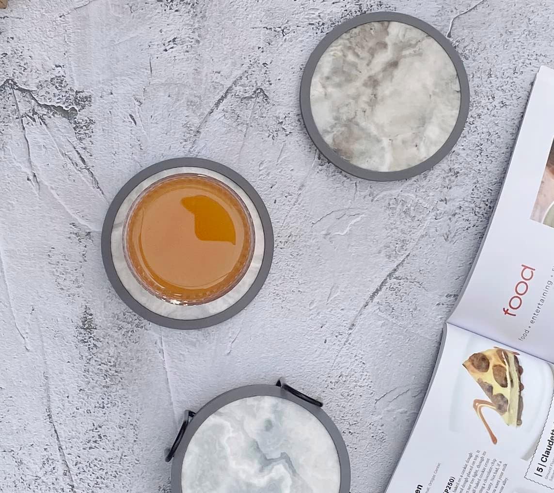 Absorbent Coasters for Drinks with Holder - 6packs, Silicone Coaster with Soft Felt Insert (4.3 inch Coasters with 4.5 inch Holder, Marble Style)