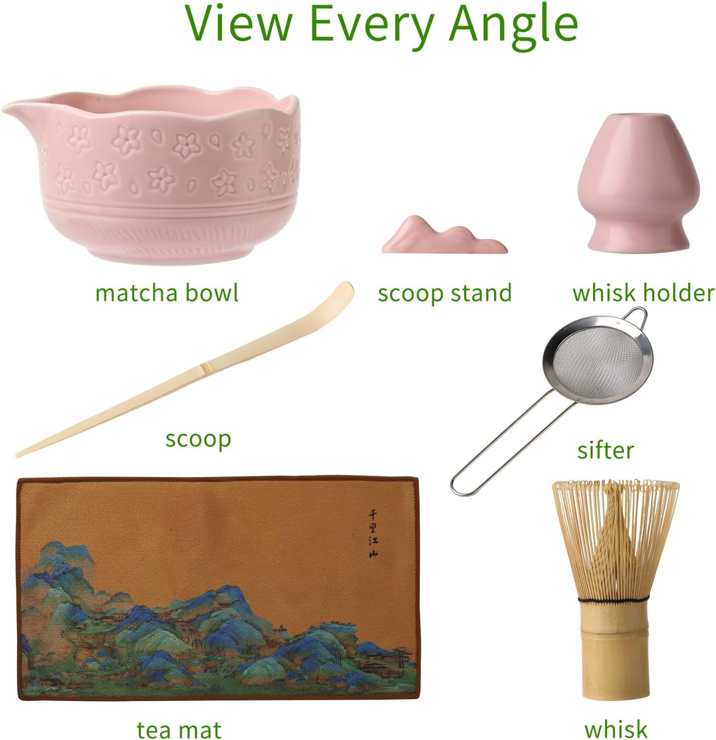 Matcha Whisk Set, Japanese Ceramic Matcha Bowl with Spout, Bamboo Whisk, Sifter, Scoop, Holder, Tea Cloth, 7-Piece Ceremonial Matcha Kit, Gift for Tea Lovers (pink)