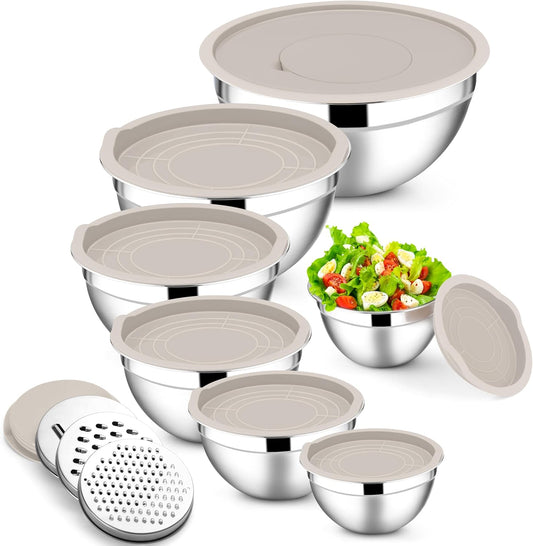 E-far Mixing Bowls with Lids Set, 7-Piece Stainless Steel Metal Mixing Bowls with Grater Attachments, Size 4.6, 3.5, 2.6, 2, 1.5, 1, 0.7QT, Nesting Design & Khaki Airtight Lids, For Cooking/Serving