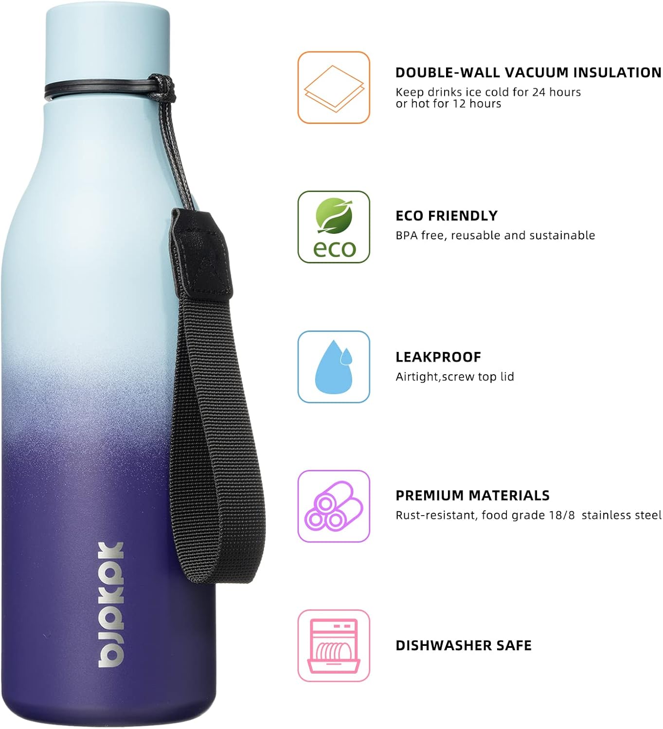 BJPKPK Insulated Water Bottles, 18 oz Stainless Steel Metal Water Bottle with Strap, BPA Free Leak Proof Thermos, Mugs, Flasks, Reusable Water Bottle for Sports & Travel, Ocean Dream