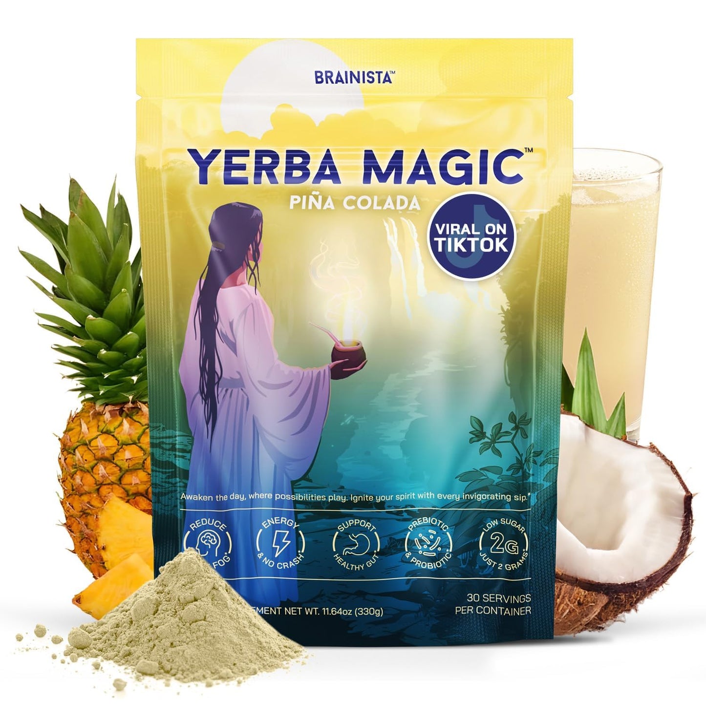 Yerba Magic - Yerba Mate Instant Tea Powder, 3-in-1 Super Drink - Clean Energy, Brain Fog Buster, and Gut Health Powered by Nootropics, Prebiotics & Probiotics | Pina Colada 30 Servings