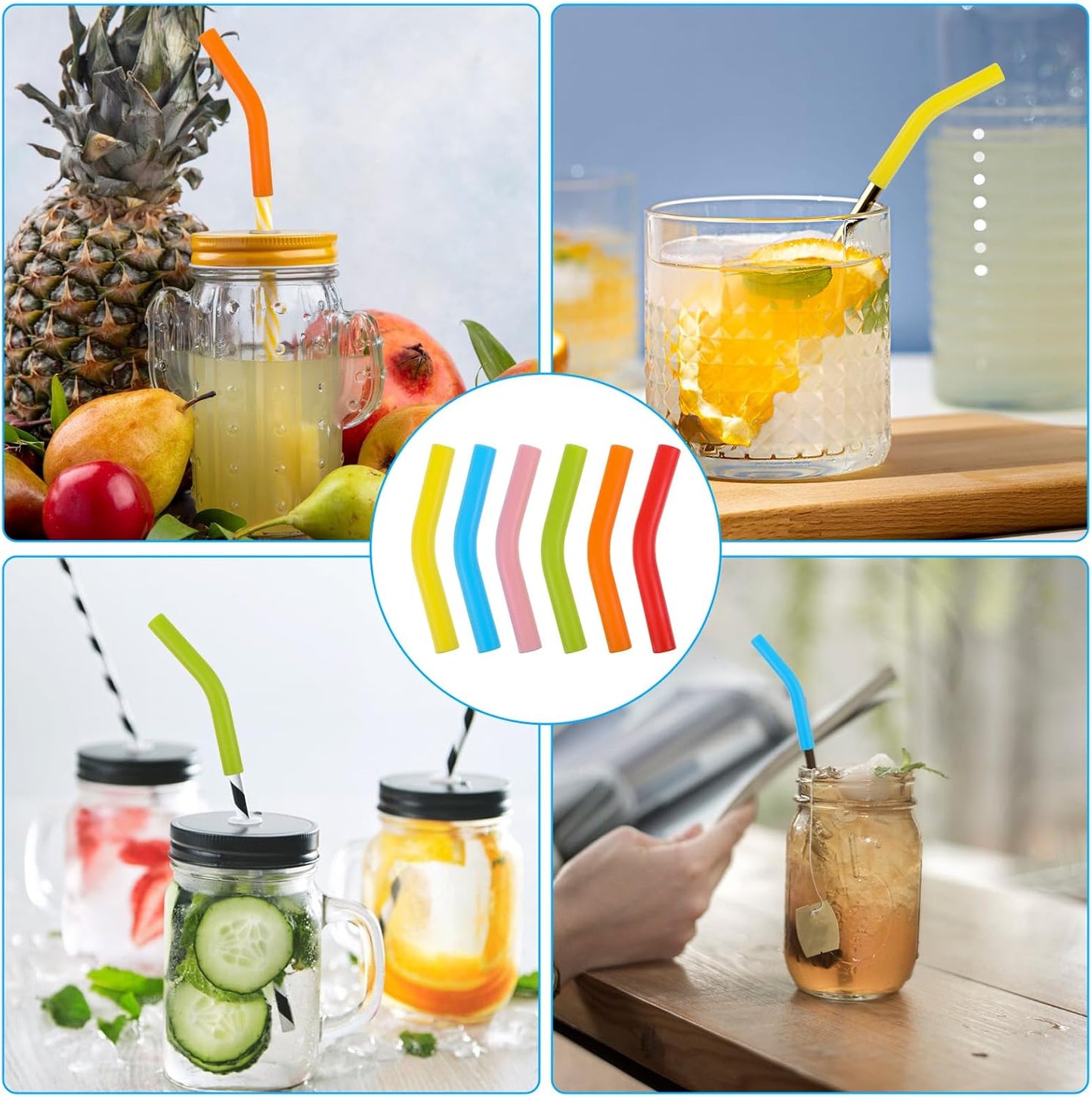 6 Pcs Silicone Straw Tips, Reusable Colorful Silicone Straw Cover Replacement Soft Rubber Flex Elbow Straws Tip for Stainless Steel Metal Straws 0.31inch Wide (8mm Outdiameter)