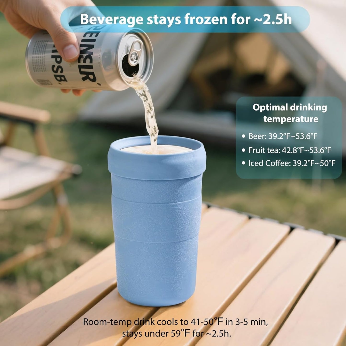 Iced Coffee Tumbler, 45℉ Insulated Beer Mug for Freezer, (Ice-Free) Double-walled Freezable Slushie Cup with Stainless Steel Liner, Travel Coffee Mug Reusable, with Lid and Straw, 16oz (1, Blue)