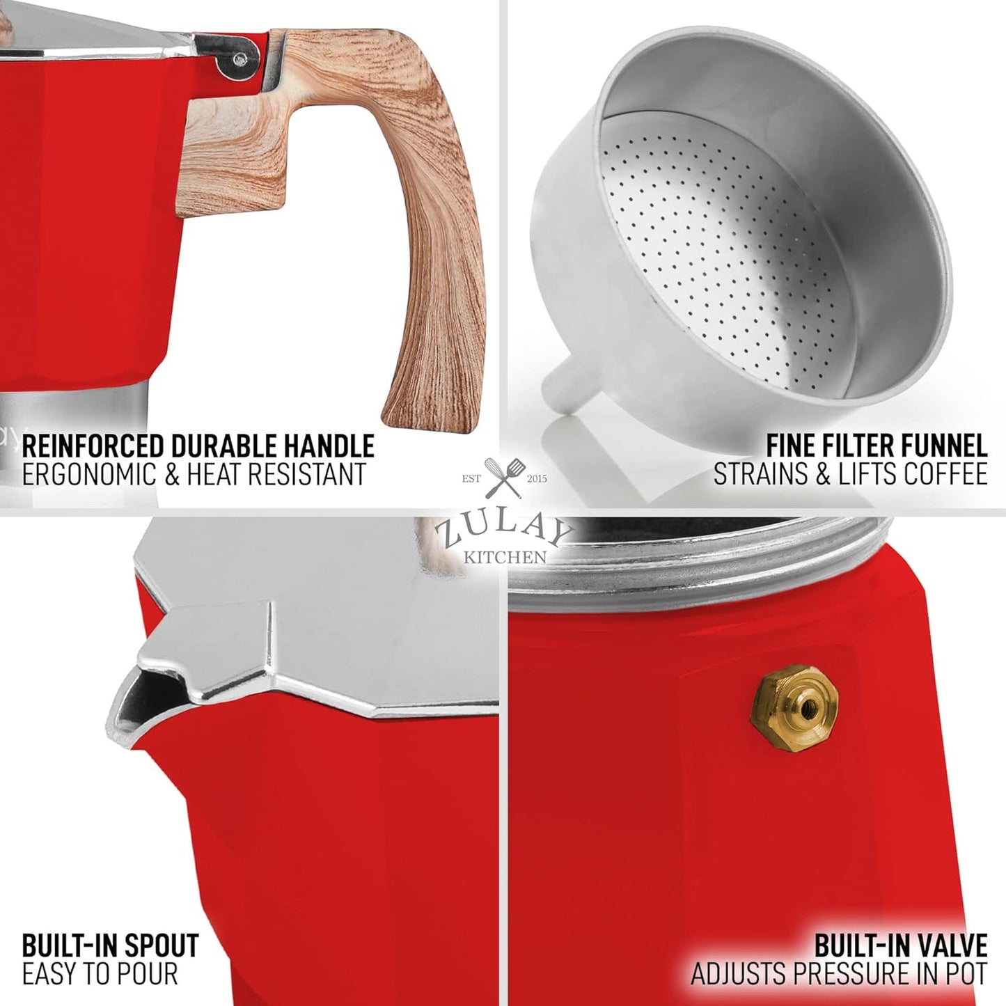 Zulay Kitchen Stovetop Espresso Maker - Moka Pot 6 Espresso Cups - Percolator Coffee Maker for Classic Cuban & Italian Style Espresso - Portable Coffee Maker for Camping & Travel - (Red)