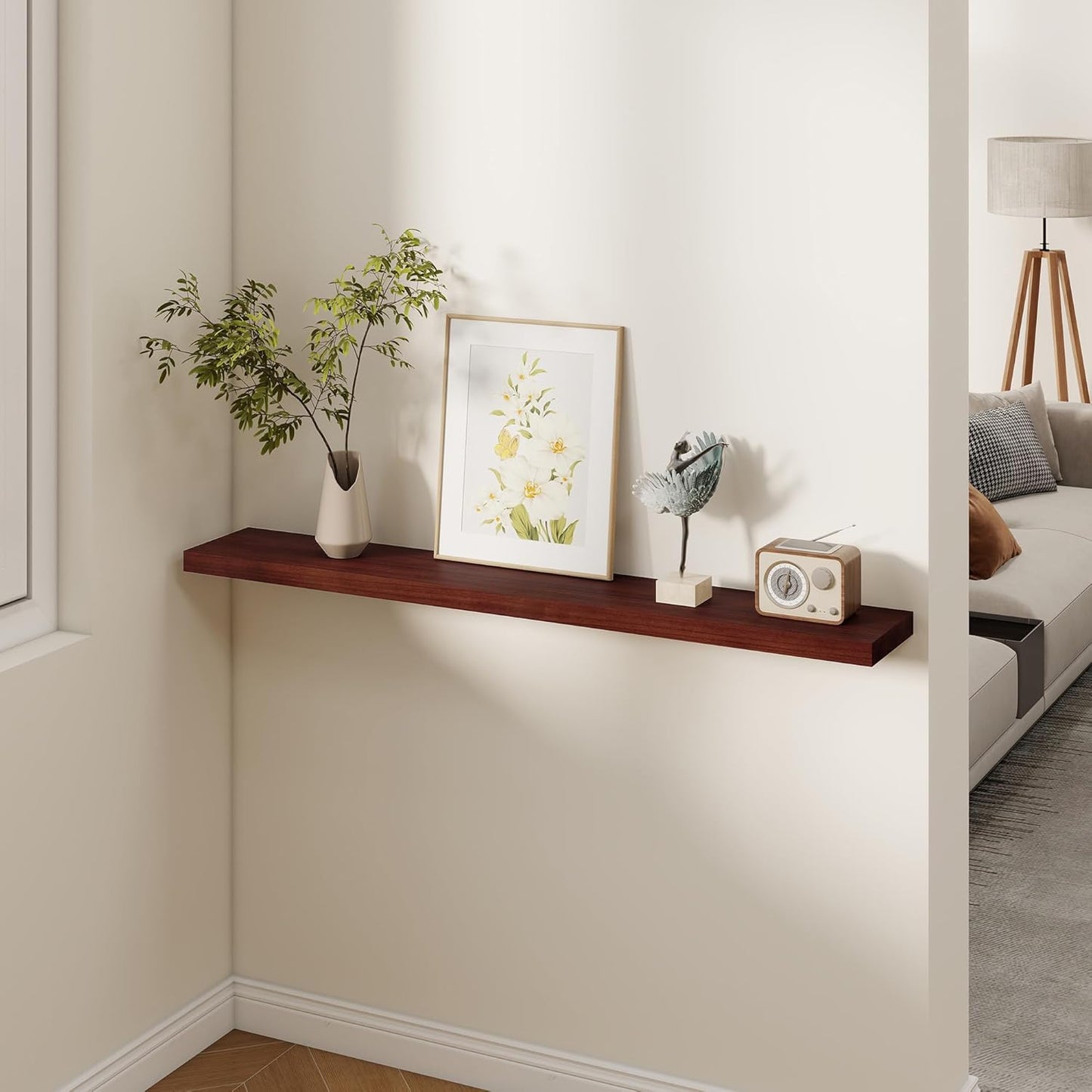 Fun Memories Rustic Real Wood Floating Shelves, 8 Inch Deep Floating Shelf Wall Mounted, 48" W x 8" D Wall Shelves Storage Shelves for Living Room, Bedroom, Bathroom, Red Brown, Set of 1