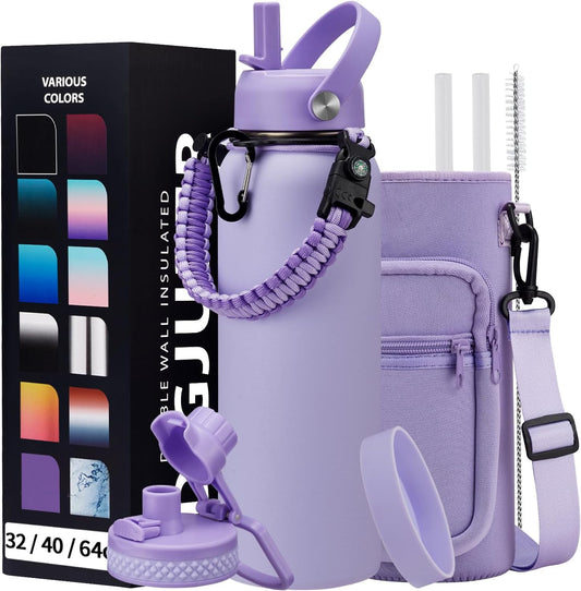 40 oz Water Bottle with Straw - Insulated Vacuum Water Flask with Straw & Auto Spout Lid, Paracord Handle & Carrying Pouch, Keep Cold 48H Hot 24H, Sweat-Proof Thermal Water Jug with Strap for Hiking