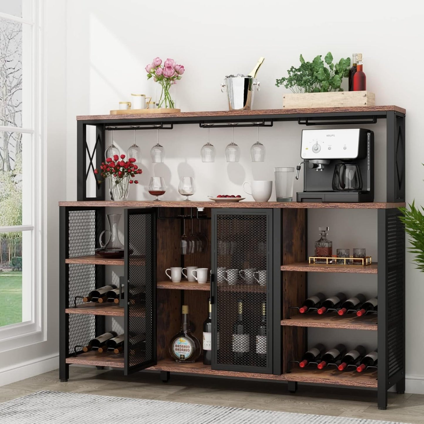 Bar Cabinet, 55 Inches Kitchen Sideboard Buffet Cabinet with Wine Rack Storage, Industry Coffee Bar Cabinet with Wine Rack and Glass Holder for Liquor and Glasses (Rustic)