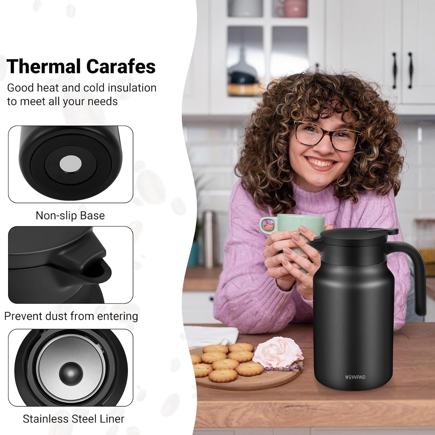 51Oz Thermal Coffee Carafes For Keeping Hot/Cold, Stainless Steel Coffee Carafe, Dustproof Insulated Water Carafe for Party/Home,Black