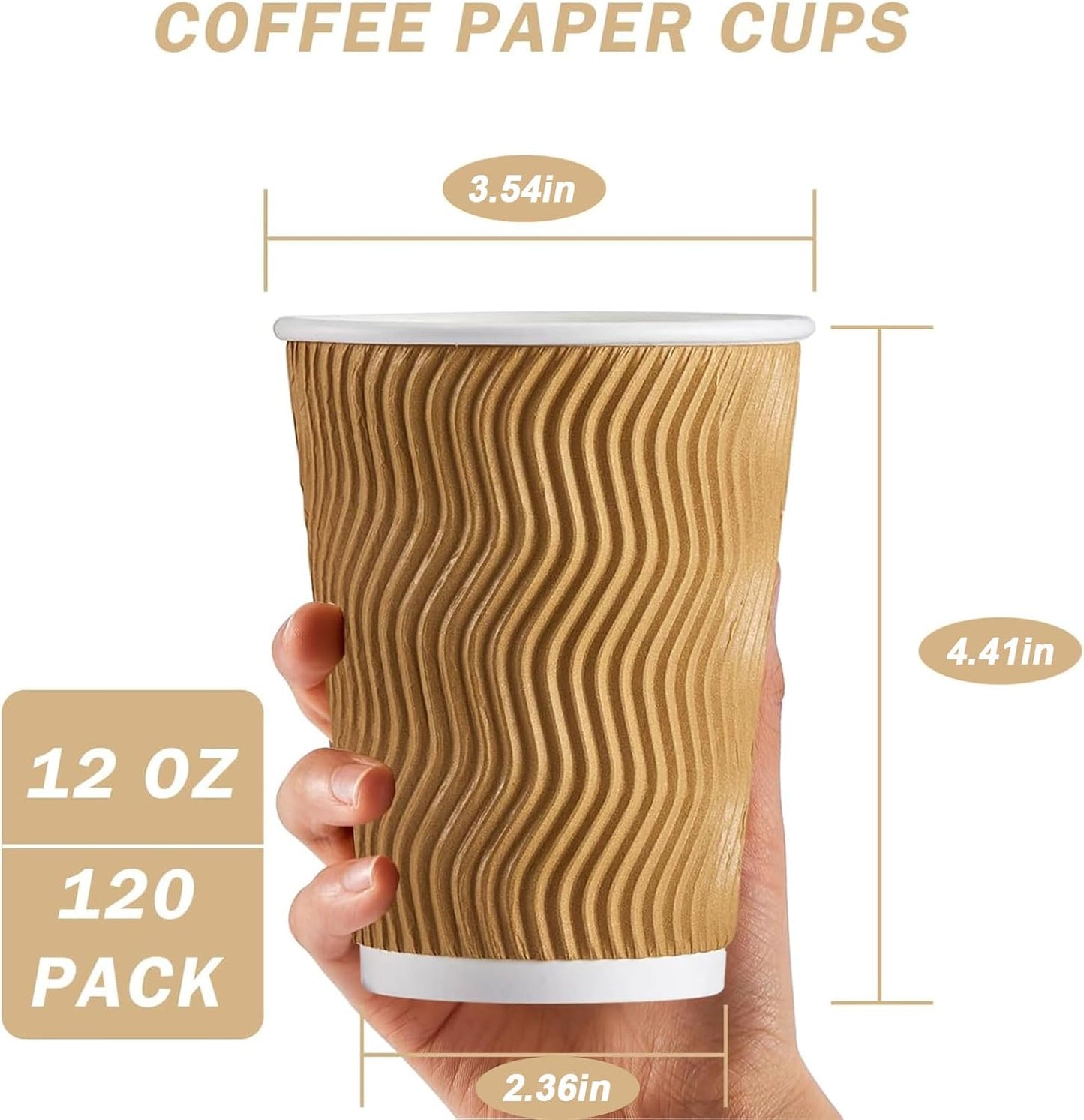 120 Pack 12 oz Coffee Cups, Disposable Corrugated Insulated Ripple Wall Paper Coffee Cups 12oz for Hot or Cold Drinks Office Home Cafe Party Travel (Champagne)