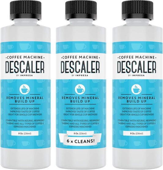 IMPRESA Coffee Machine Descaler - Machine-Safe Formula & Descaling Solution - Universal Descaler for Coffee Maker Compatible with Keurig, Nespresso, Breville & More - 3 Pack, 6 Uses, Made in USA