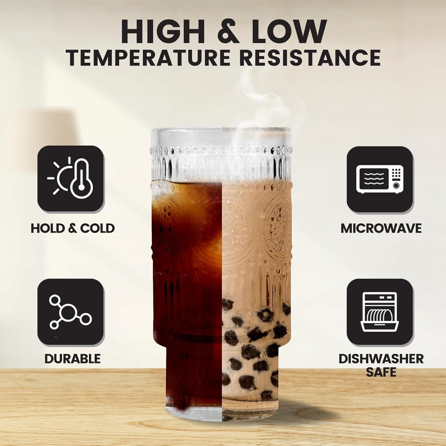 4 Pcs 16 oz Glasses Cups Set with Bamboo Lids Straws Brush Hobnail Glassware Set for Juice Iced Coffee Beer and Cocktail Whiskey