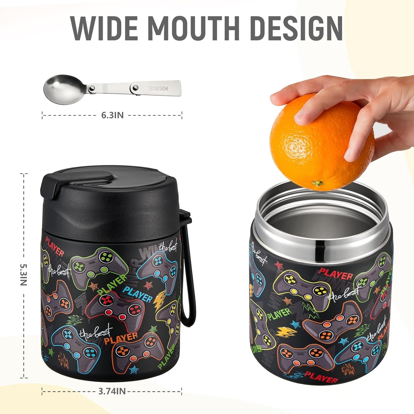 17oz Soup Thermo for Hot Food Kids Insulated Vacuum Food Jar with Stainless Steel Spoon Wide Mouth Thermo Leakproof Lunch Food Container Kids Hot Lunch Box (Black-Game)