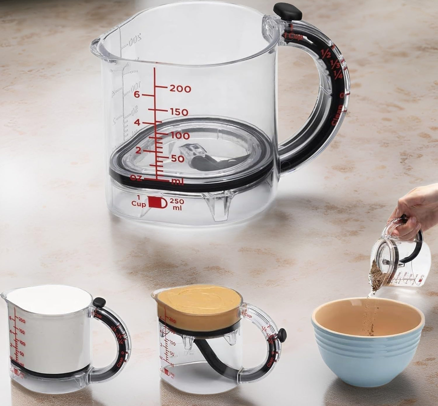 4-in-1 Adjustable Measuring Cup, Multi-Functional Measuring Cup with Scraper-Style Seal Base, Can Be Raised to Create Four Different Measurements 1/4 1/3 1/2 and 1, for Cooking and Baking