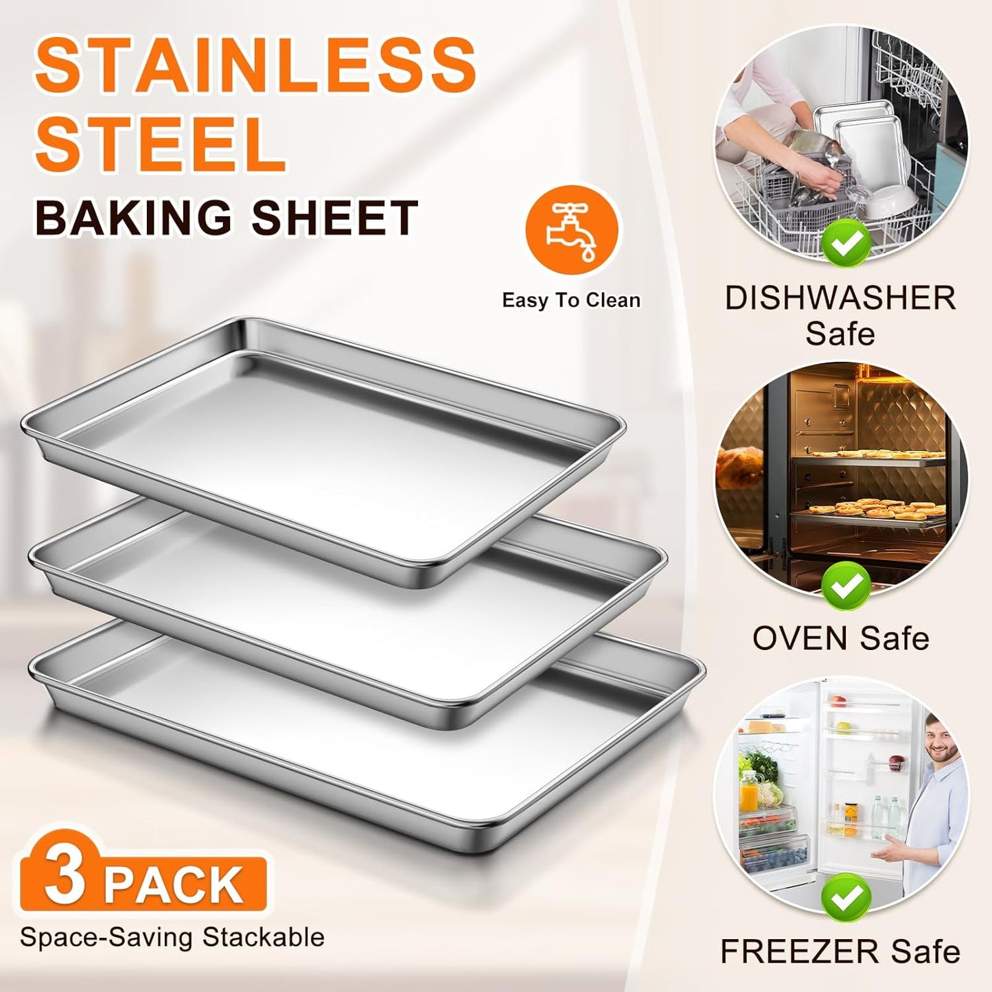 Baking Sheet Set of 3, Commercial Grade Stainless Steel Cookie Sheets for Baking, 12/16/17.5 Inch, Thicker and Firmer Baking Pans Set, Rust & Warp Resistant & Nonstick, Nontoxic&Heavy Duty&Easy Clean