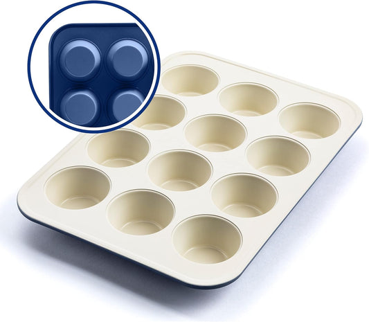 GreenLife 12-Cup Muffin Pan, Healthy Ceramic Nonstick Bakeware, PFOA & PFAS-Free Cupcake Sheet, Durable Baking Tray, Versatile Kitchen Essentials, Easy Clean Muffin Mold, Nonstick Baking Pan, Blue