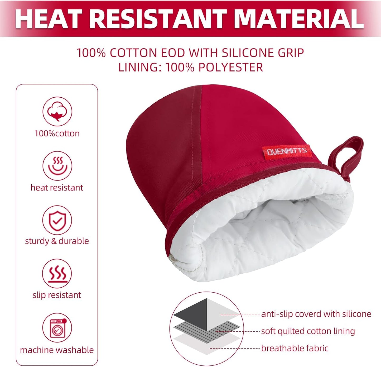 Mini Oven Mitts, Kitchen Oven Gloves Kitchen Mittens 500 Degrees Heat Resistant Baking Gloves, Non-Slip Silicone Surface with Hanging Loops Hot Gloves for Cooking, Baking, BBQ 1 Pair-Red