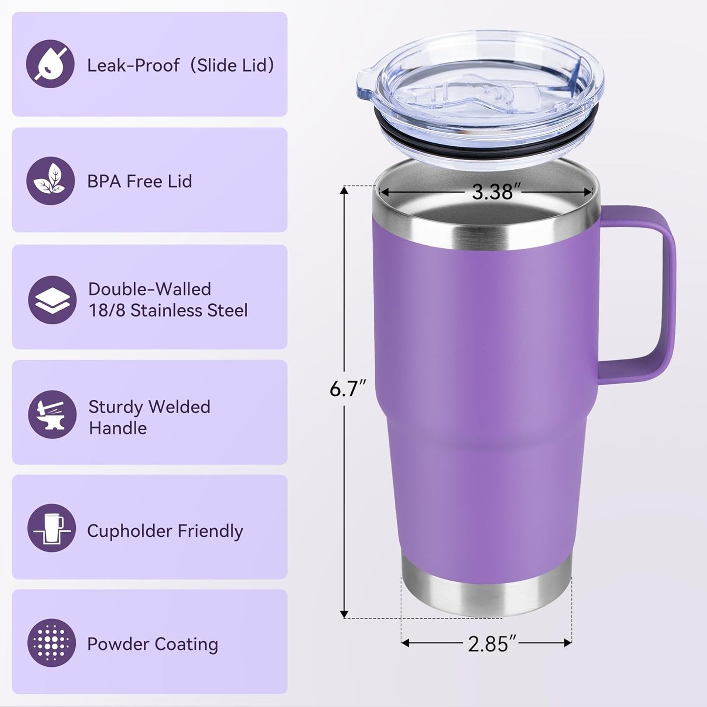HASLE OUTFITTERS 20oz Tumbler Bulk with Lid, Stainless Steel Tumbler Bulk with Handle, Metal Insulated Travel Coffee Mug Set with Handle, Double Wall Vacuum Leak Proof Tumbler Cup, Purple 6 Pack