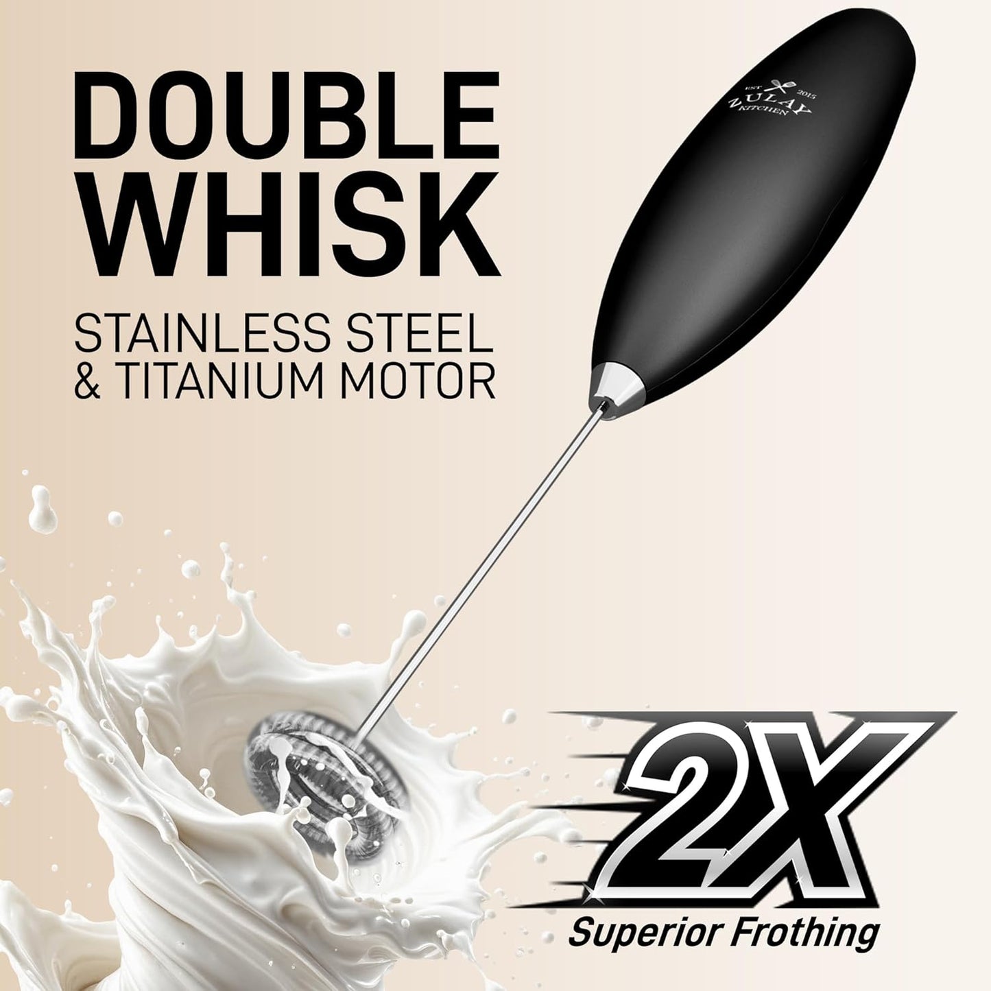 Zulay Kitchen Double Whisk Milk Frother with 2 Duracell Batteries - Powerful Handheld Foam Maker for Coffee, Lattes, Matcha, Hot Chocolate & Cappuccinos - Whip Creamy Froth in Seconds